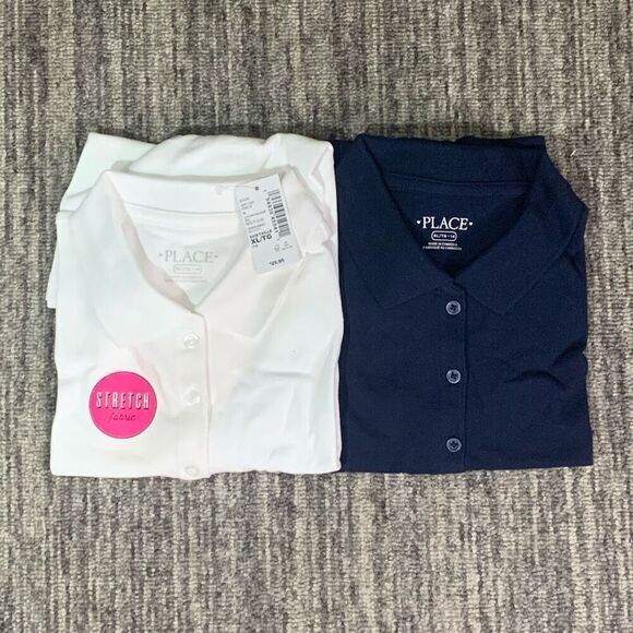 Set of 2 The Childrens Place Girls XL Uniform Pique Polo Top White‎ Blue NWT - Picture 1 of 2